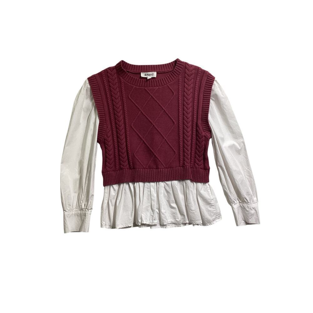 &merci Mixed Media Cable Detail Sweater maroon & white L‎